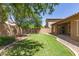 Serene backyard with lush lawn, mature trees, and a private patio, offering a peaceful retreat at 15674 W Mackenzie Dr, Goodyear, AZ 85395