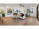 Spacious living room with modern decor, featuring hardwood floors, white sofa, and an open floor plan at 6147 E Desert Cove Ave, Scottsdale, AZ 85254