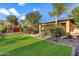 Well-maintained backyard featuring lush green lawn, decorative rock landscaping, and a covered patio at 6918 E Ivyglen St, Mesa, AZ 85207