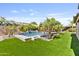 Expansive backyard featuring a sparkling pool, lush artificial turf, and mature landscaping for serene outdoor living at 6918 E Ivyglen St, Mesa, AZ 85207