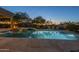 Beautifully lit backyard pool area with a spa, lounge chairs, and lush desert landscaping at dusk at 8248 E Arroyo Hondo Rd, Scottsdale, AZ 85266