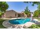 Inviting backyard features a sparkling pool, manicured lawn and covered patio perfect for outdoor living at 850 W Folley St, Chandler, AZ 85225