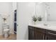 Bright bathroom showcasing a vanity with dark wood cabinets and a decorative plant at 16417 W Fawn Dr, Goodyear, AZ 85338