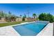 Backyard features a pool with artificial grass and mature trees at 2336 E Flower St, Phoenix, AZ 85016