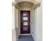 Stylish front door with glass panels allowing natural light, set within a covered entryway with architectural columns at 24146 N 162Nd Ln, Surprise, AZ 85387