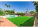Lush backyard featuring a sparkling pool, artificial turf, and mature landscaping for outdoor enjoyment and relaxation at 410 E Beck Ln, Phoenix, AZ 85022