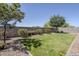 Landscaped backyard featuring green lawn, mature trees, and block wall for privacy at 7261 E Teal Way, San Tan Valley, AZ 85143
