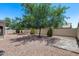 Low-maintenance backyard with gravel, shrubs, mature shade trees, and block wall surround at 8449 W Rockwood Dr, Peoria, AZ 85382