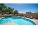 Backyard swimming pool with lounge chairs, a pergola, and lush palm trees under a sunny sky at 853 W Hemlock Way, Chandler, AZ 85248