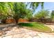 A spacious backyard with a grassy lawn, natural stone patio, mature landscaping, and a wood fence for privacy at 917 W Willetta St, Phoenix, AZ 85007