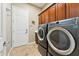 Functional laundry room features high end washer and dryer and upper storage cabinets at 27308 N 56Th Dr, Phoenix, AZ 85083