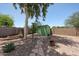 Backyard with stone path leading to a storage shed and mature trees at 759 W Los Lagos Vista Ave, Mesa, AZ 85210