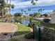 Pond area with lake, palm trees, fountain, and lush green space at 9707 E Mountain View Rd # 1408, Scottsdale, AZ 85258