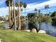 Community pond featuring water fountain, lush greenery, and palm trees at 9707 E Mountain View Rd # 1408, Scottsdale, AZ 85258