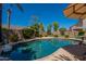 Backyard pool with mature landscaping and palm trees at 102 W Raven Dr, Chandler, AZ 85286