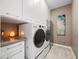 Modern laundry room with front-loading washer and dryer, white cabinetry, and ample storage space at 13406 W Rowel Rd, Peoria, AZ 85383