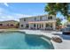 Large backyard features in-ground pool, covered porch, and grass at 7129 S Stadium Way, Gilbert, AZ 85298