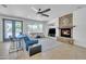 Cozy living room featuring a stone fireplace, comfortable seating, and access to the backyard at 7129 S Stadium Way, Gilbert, AZ 85298