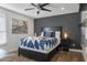 Comfortable bedroom with a dark accent wall, stylish bedding, and soft lighting at 7625 E Camelback Rd # 310B, Scottsdale, AZ 85251