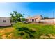 Spacious backyard featuring lush green grass, mature trees, and a storage shed at 8053 E Dover St, Mesa, AZ 85207