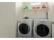 A well-organized laundry room featuring a modern washer and dryer set under a storage shelf at 1350 S Greenfield Rd # 2205, Mesa, AZ 85206