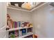 Organized closet with shelves, books, toys, and decorative storage boxes at 1808 S Sailors Way, Gilbert, AZ 85295