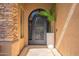 Close-up of an elegant front door, accented by a plant and stone detail at 1808 S Sailors Way, Gilbert, AZ 85295