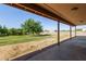 Covered back patio overlooking the expansive yard with mature trees and a block wall at 19006 E Karsten Dr, Queen Creek, AZ 85142