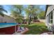 Beautiful backyard featuring a pool, synthetic grass, lounge furniture and lush landscaping with a covered patio at 4073 E Stable Ct, Gilbert, AZ 85297