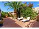 Private backyard with lounge chairs, vibrant plants, and decorative planters, creating a serene retreat at 10863 N 117Th Pl, Scottsdale, AZ 85259