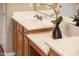 Bathroom vanity featuring a sink, faucet, mirror, and decorative flower arrangement at 13444 W Cabrillo Dr, Sun City West, AZ 85375