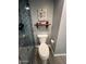 Bathroom with shower featuring blue tile, toilet, shelf, and painting at 19014 N 91St Dr, Peoria, AZ 85382