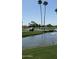 Scenic view of a golf course with a water feature, palm trees, and a golf cart on a sunny day at 19014 N 91St Dr, Peoria, AZ 85382