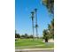Scenic view of the golf course with tall palm trees and a golf cart on the path at 19014 N 91St Dr, Peoria, AZ 85382