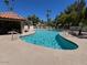 Community pool surrounded by lush landscaping and a shaded seating area at 19014 N 91St Dr, Peoria, AZ 85382