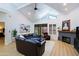 Spacious living room with vaulted ceilings, clerestory windows, fireplace, and comfortable leather furniture at 4039 E Paradise Dr, Phoenix, AZ 85028