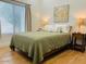 Bedroom features a cozy bed with a green quilt, wood nightstands, lamps, and natural sunlight at 4102 E Rancho Tierra Dr, Cave Creek, AZ 85331