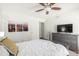 Cozy bedroom with ceiling fan, tv, London art, and stylish grey dresser at 4102 W Bluefield Ave, Glendale, AZ 85308