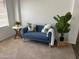 Cozy living area with a blue loveseat, leafy cushions, and a decorative plant against a bright white wall at 4911 E Holmes Ave, Mesa, AZ 85206