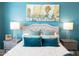 Stylishly designed bedroom featuring a tufted headboard and vibrant teal accent wall at 5515 S Caisson Way, Mesa, AZ 85212