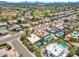 Expansive aerial view showcases a vibrant neighborhood with lush landscaping, private pools and proximity to Kierland Park and golf course at 6620 E Paradise Ln, Scottsdale, AZ 85254