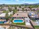 A beautiful aerial view showcasing a backyard oasis complete with a pool, pergola, desert landscaping, and lush greenery at 6620 E Paradise Ln, Scottsdale, AZ 85254