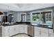 Bright kitchen features black countertops, white cabinets, and a view of the pool at 8936 N 80Th Pl, Scottsdale, AZ 85258