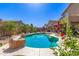 Lush backyard features a sparkling swimming pool with rock accents and mature tropical foliage at 17753 W Columbine Dr, Surprise, AZ 85388