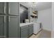 Modern laundry room with gray cabinets, gold hardware, counter space, and updated washer and dryer units for efficient chores at 2661 E Los Alamos Ct, Gilbert, AZ 85295