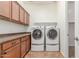 Laundry room featuring cabinetry and shelving, as well as newer, front-loading washer and dryer at 3886 E Ficus Way, Gilbert, AZ 85298