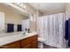 Bathroom with wood vanity, toilet and a shower with a curtain at 11523 E Lindner Ave, Mesa, AZ 85209
