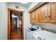 This laundry room features white appliances, cabinets, and hardwood floors at 7253 S Terrace Rd, Tempe, AZ 85283