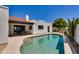 Backyard swimming pool with attached patio and outdoor seating surrounded by lush desert landscaping at 7328 E Laredo Ln, Scottsdale, AZ 85250