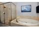 Well-appointed bathroom featuring a shower, bathtub, and stone tile at 10841 N Mountain Vista Mtn, Fountain Hills, AZ 85268